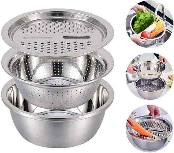 3 In 1 Multifunctional Stainless Steel Basin With Vegetable Cutter + Drain Basket