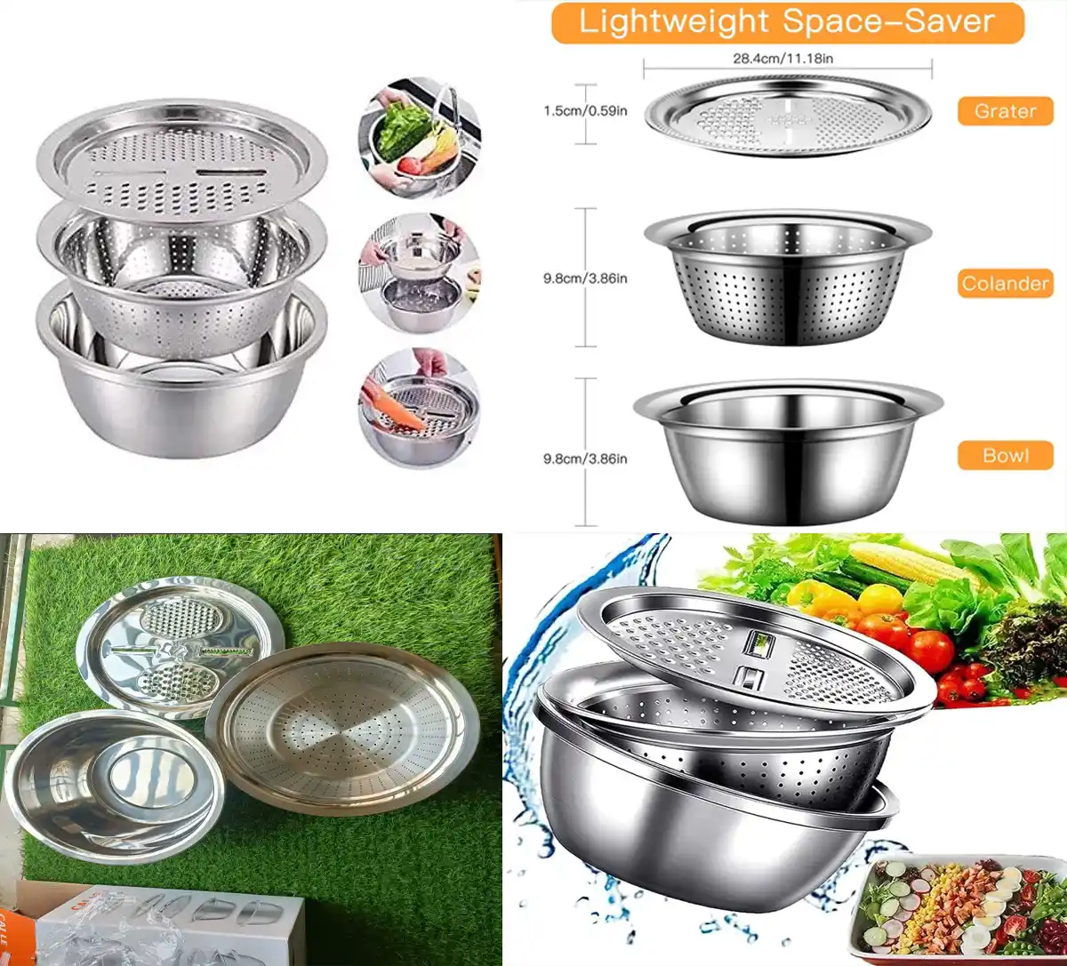 3 In 1 Multifunctional Stainless Steel Basin With Vegetable Cutter + Drain Basket