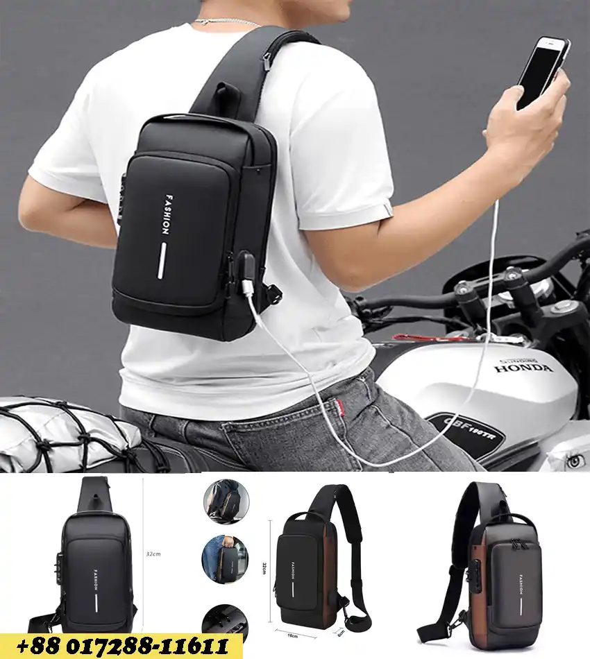 USB Charging Men Multifuntional Pu chest Bag
