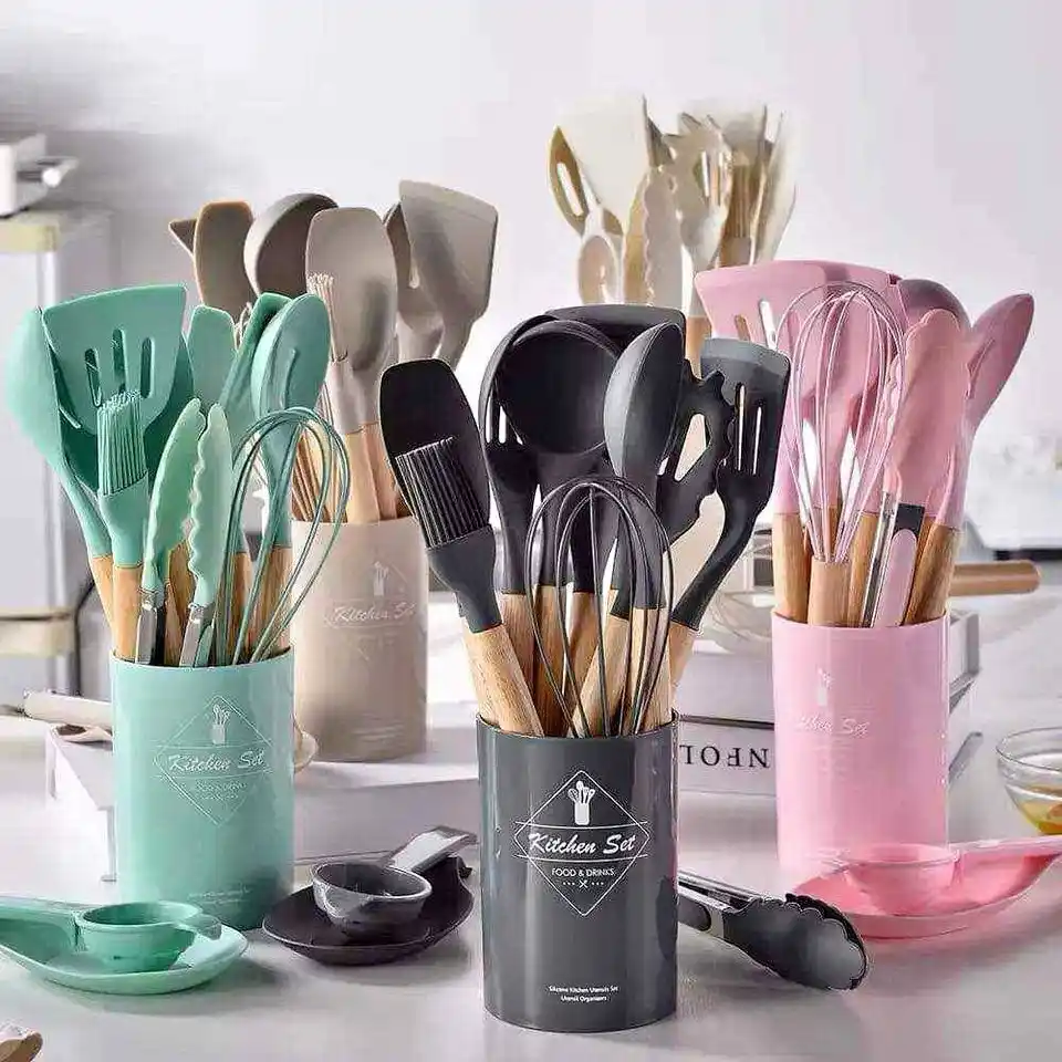 12pcs Wooden Silicone Kitchen Utensil Nonstick S