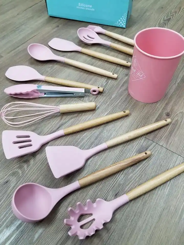 12pcs Wooden Silicone Kitchen Utensil Nonstick S