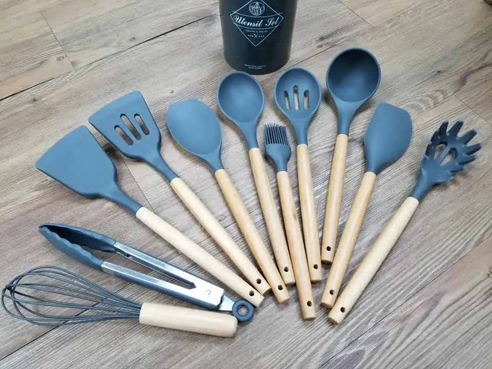 12pcs Wooden Silicone Kitchen Utensil Nonstick S