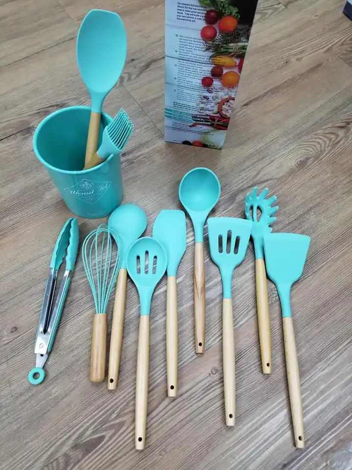 12pcs Wooden Silicone Kitchen Utensil Nonstick S
