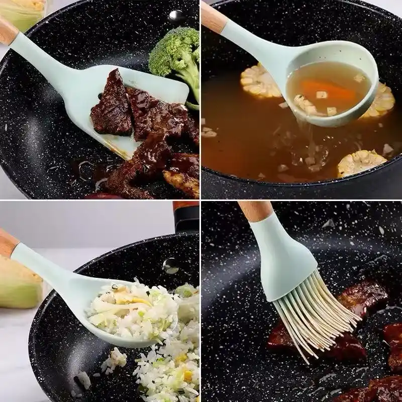 12pcs Wooden Silicone Kitchen Utensil Nonstick S